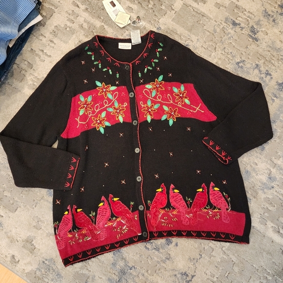 NWT White Stag Cardinal Embroidered Embellished Black Knit Cardigan 22/24 3X - Picture 5 of 16